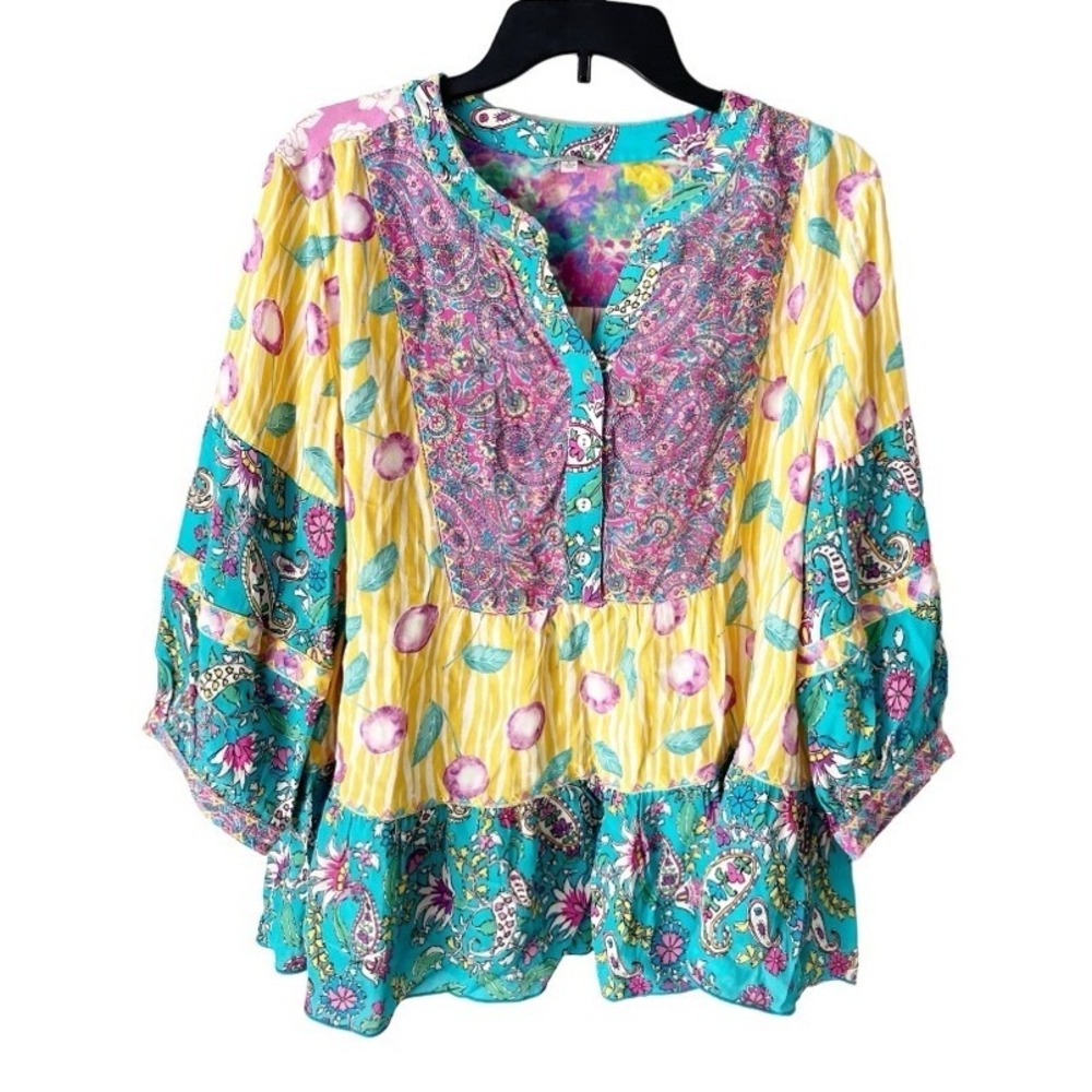 John Mark Bohemian Mixed Media Patchwork Peasant Top Size Large